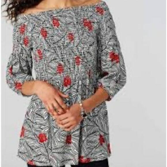 J. Jill Smocked Peasant Top Black White Red Floral S EUC - Picture 1 of 9